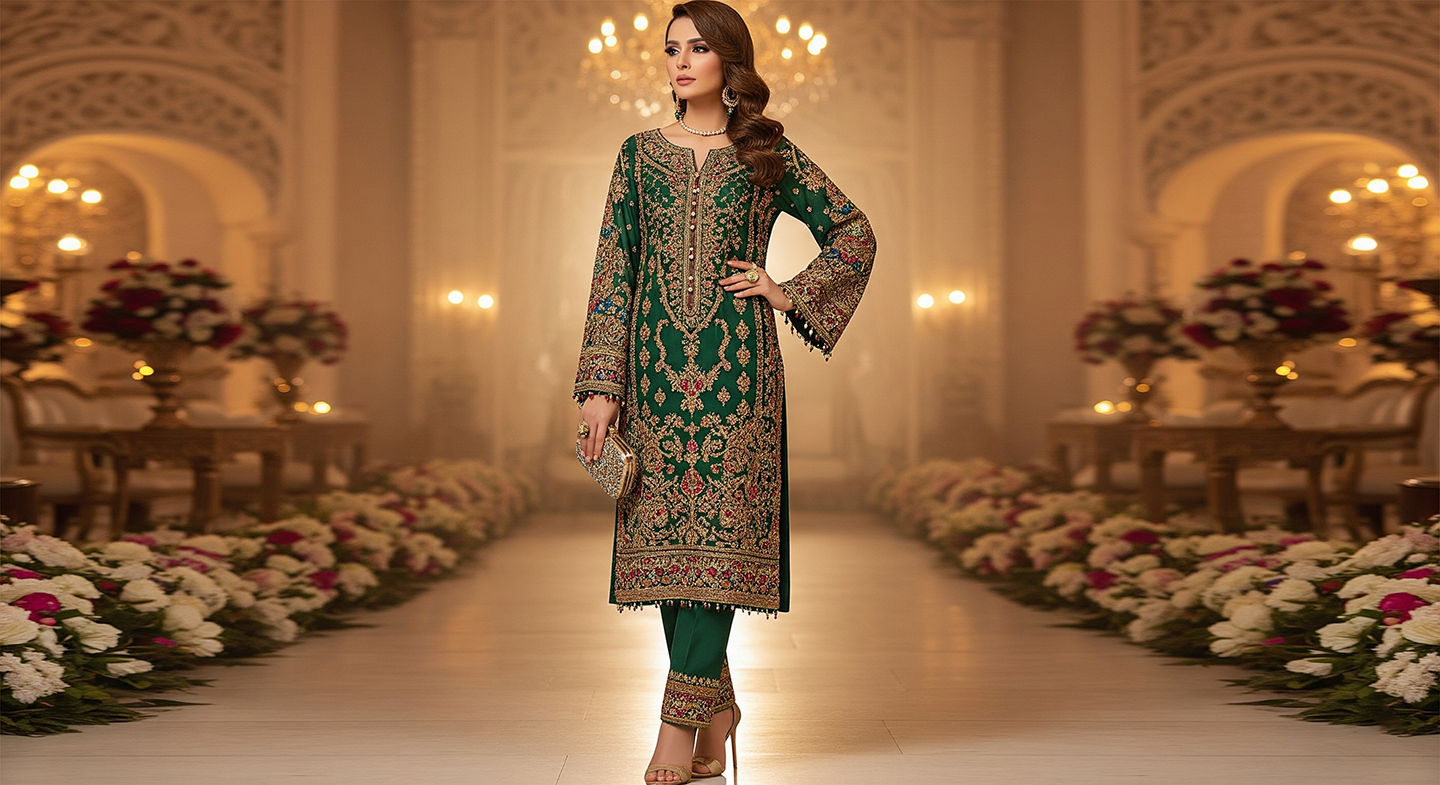 EMBROIDERED LONG KAMEEZ WITH STRAIGHT TROUSERS
